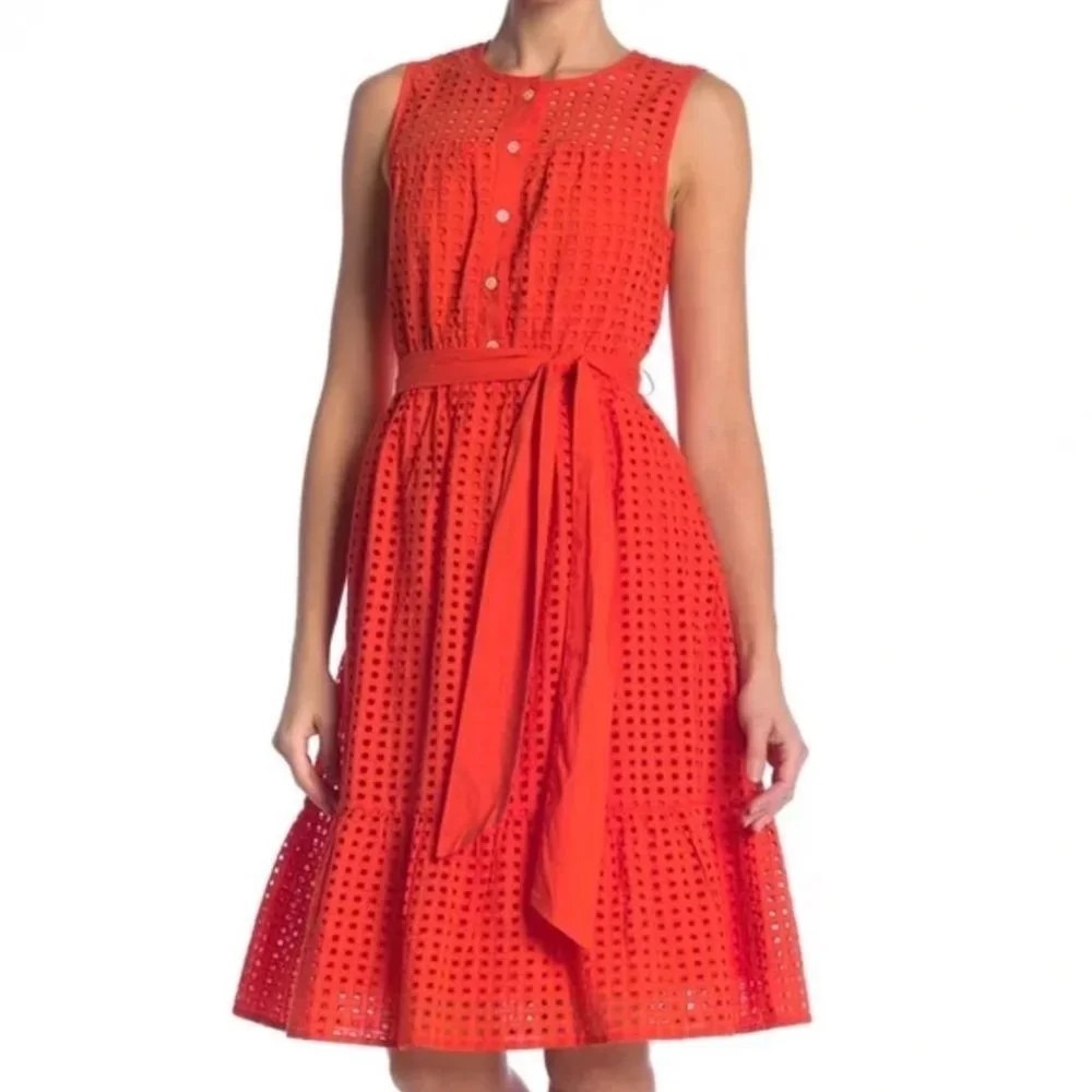 J.Crew Eyelet Tiered Dress Midi 8 Orange Sleeveless Button Front Cottagec Boho‎